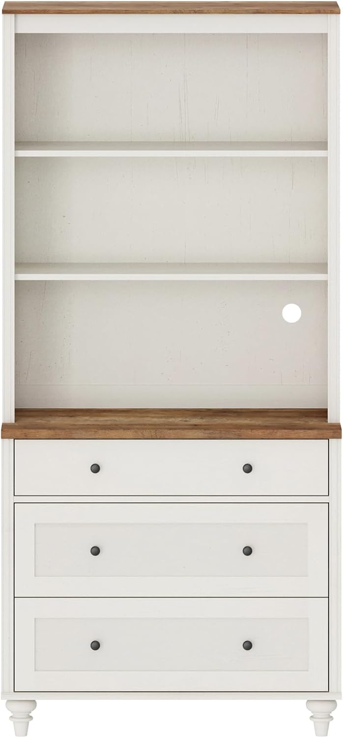 WAMPAT 72" Tall Bookcase Large Display Book Case Shelf with 3-Tier Open Book Shelfs, 3 Tier Farmhouse Bookshelf with 3 Drawers, Library Wood Bookshelves for Living Room or Study Room or Bedroom, White