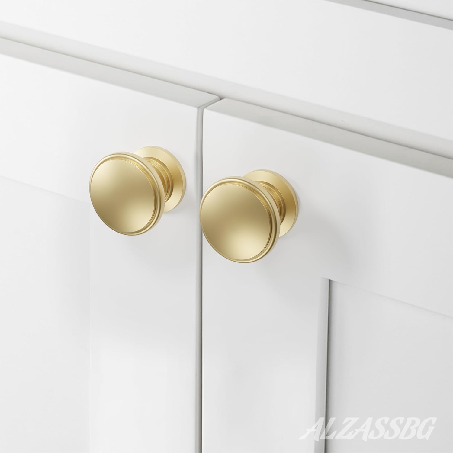 Alzassbg 10 Pack Brushed Gold Cabinet Knobs, 1.1 Inch(30mm) Diameter Round Kitchen Cabinet Knobs for Cabinets and Drawers AL6014MGP