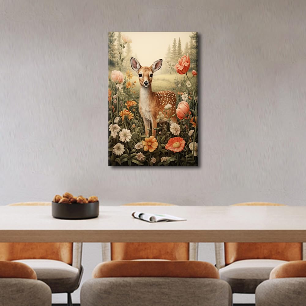 TISHIRON Cute Deer in the Forest with Flowers Wall Art for Living Room Wildlife Canvas Painting Flowers Poster Decorations Artwork Framed Ready to Hang 16" Wx24 Hx1 Panel - Image 2