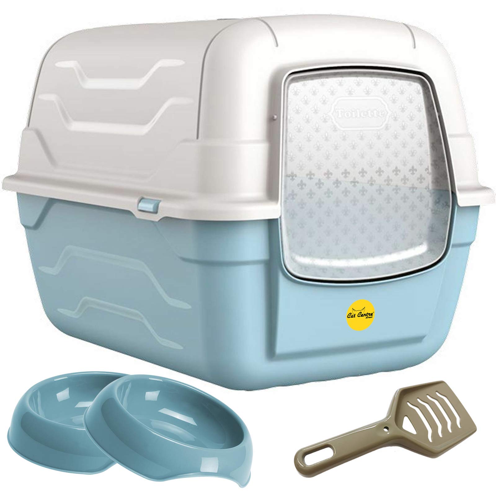 CAT CENTRE Blue Large Hooded Luxury Cat Litter Tray & Gusto Food Water Bowls Bundle