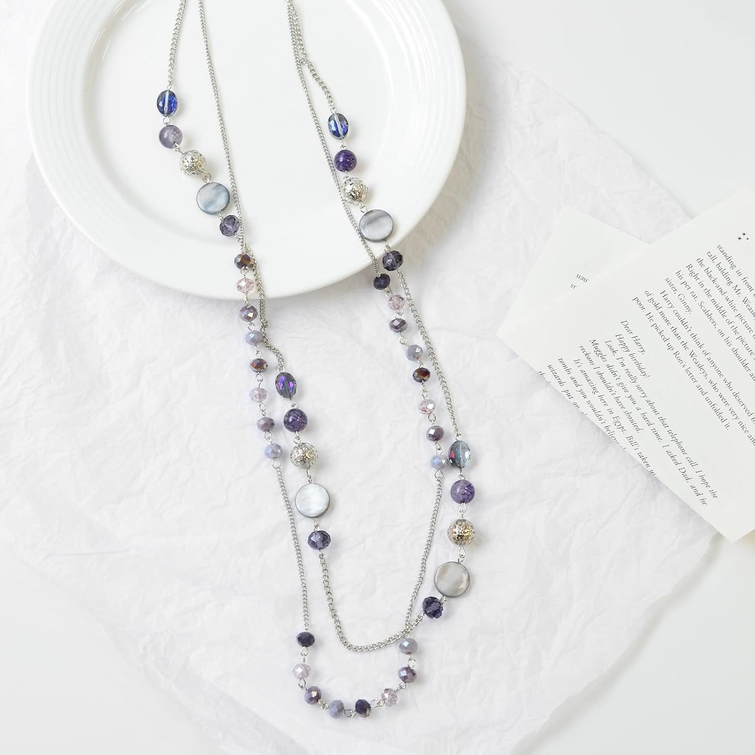 Noessla Layered Long Necklaces for Women Crystal Beaded Statement Necklace Sweater Silver Chain with Gifts Box Jewelry - Image 6