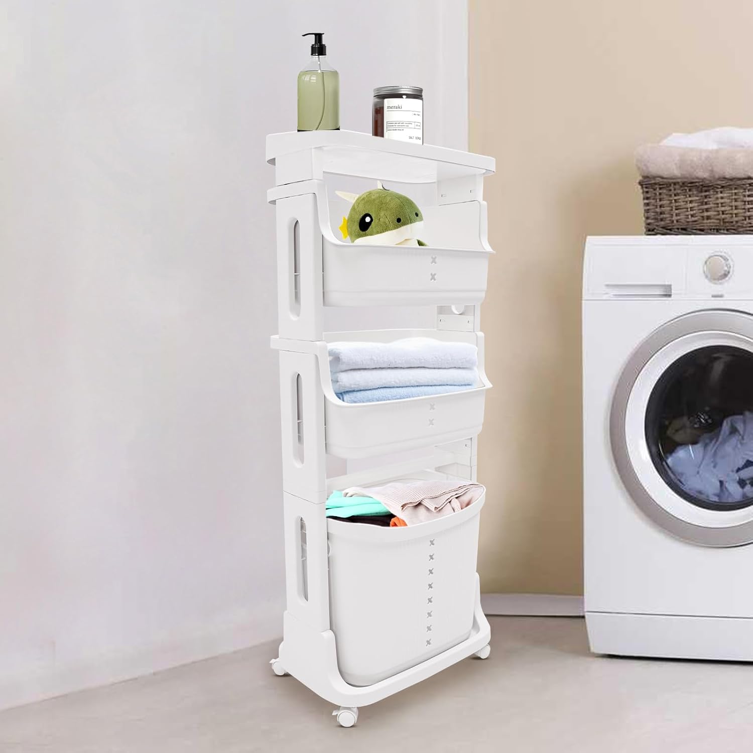 4 Tier Rolling Laundry Cart, Plastic Laundry Basket with Wheels, Clothes Storage Basket Cart On Wheels with 1 Removable Large Baskets, Laundry Hampers Dirty Clothes Hamper for Bathroom (White)