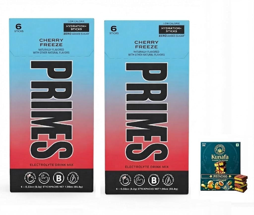 PRIMES Hydration+ Sticks Cherry Freeze Electrolyte Drink Mix (2 Pack) 55.8g Each With Free Flavourito Kunafa Pistachio Chocolate Bar, 20g By Decadent Foods (Imported USA)-image-18