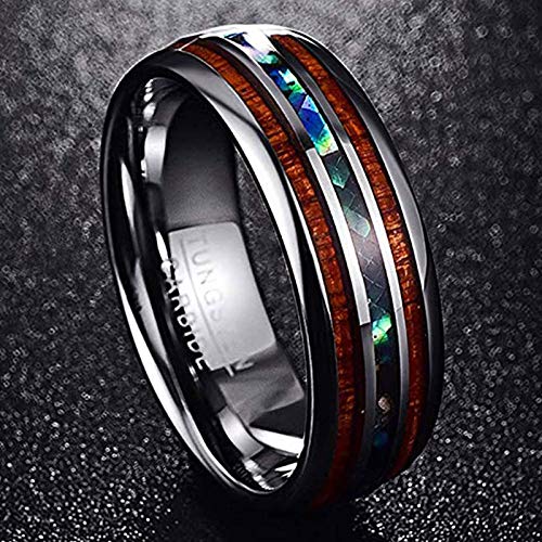 Vakki Abalone Shell Tungsten Rings for Men Women 8mm Hawaiian Wood Wedding Bands Size 14
