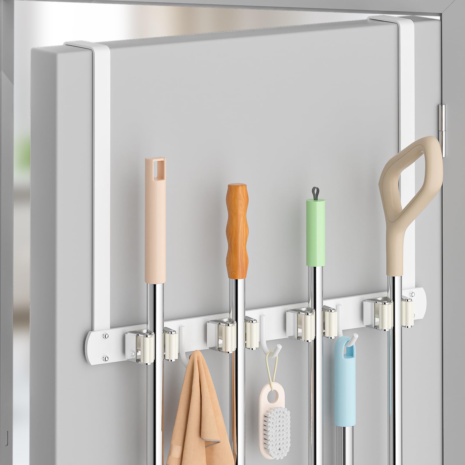 Broom Holder Over The Door - 304 Stainless Steel Mop and Broom Holder Wall Mounted or Hanging Over The Door with Hooks - Broom Hanger - white, Broom