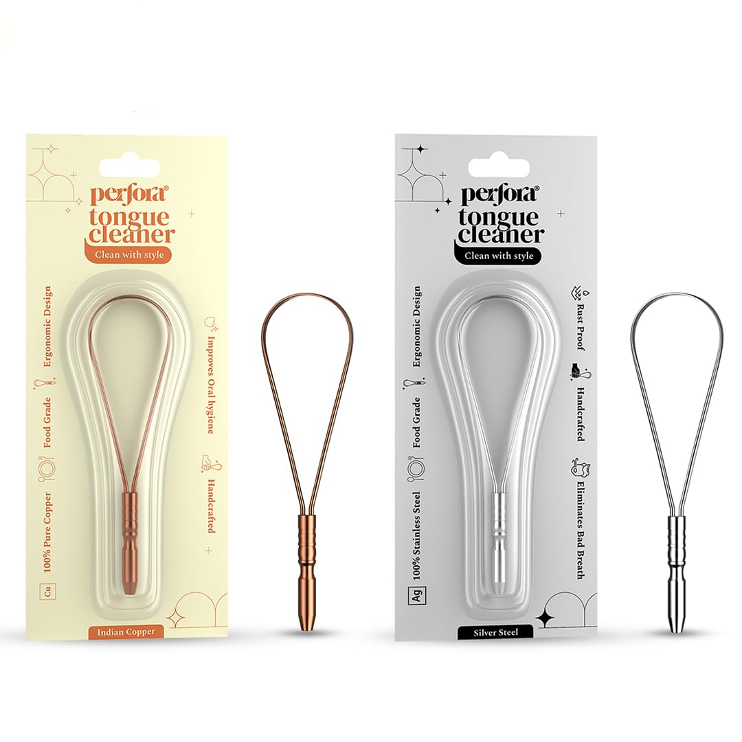 Perfora Copper & Silver Tongue Cleaner Combo for Men & Women | For Fresh Breath & Bacteria Removal | Improved Taste Sense & Oral Hygiene 100% Pure Indian Copper Tongue Scraper To Prevent Bad Breath