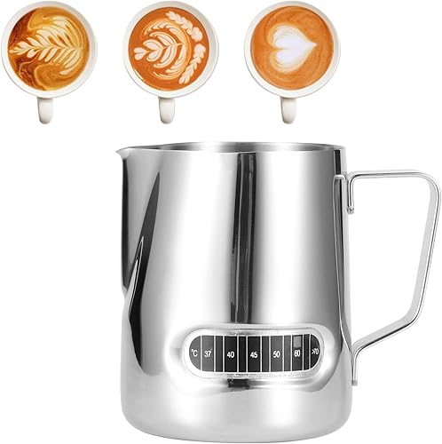 Jarra de espuma de leche con termómetro integrado, jarra de espuma de leche de acero inoxidable de 16.9 fl oz, taza espumadora de leche, jarra de
