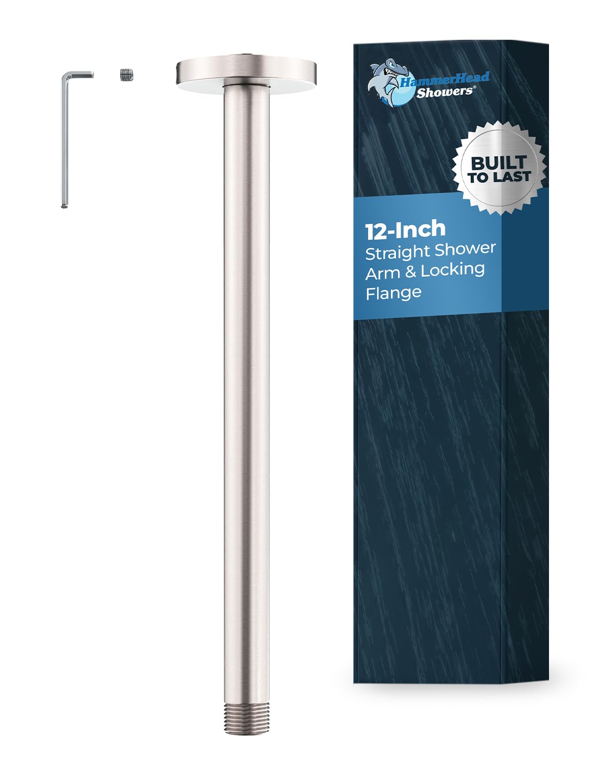 HammerHead Showers Solid Metal 12 Inch Ceiling Mount Shower Arm and Flange with Set Screw, Extra Long Straight Shower Arm for Rain Shower Head,