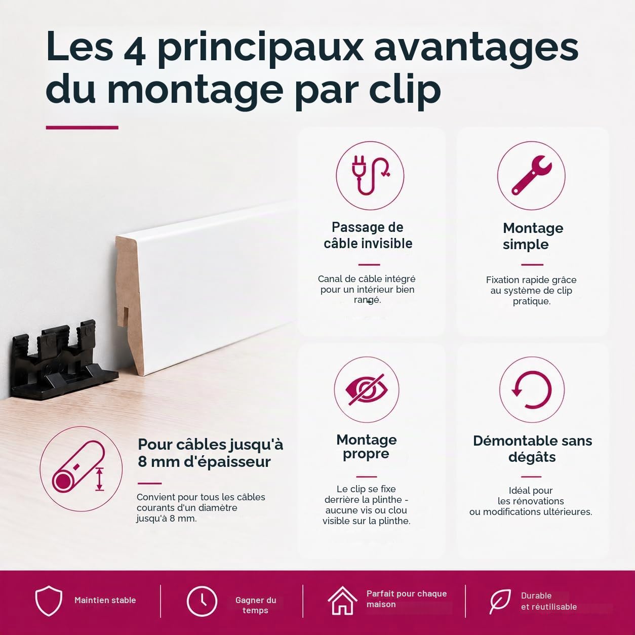 Leiste24 Lot de 10 plinthes en MDF avec chemin de câble et découpe à clip - Blanc - 26 m - 60 mm - Pour stratifié, vinyle, parquet et carrelage