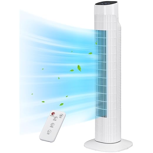 Uthfy Tower Fan for Bedroom, 120° Oscillating Standing Fan with Quiet Sleep Mode, 3 Speeds & 3 Modes, 7.5H Timer, Remote/Touch Control, Bladeless Floor Fans for Living Room, Office, White