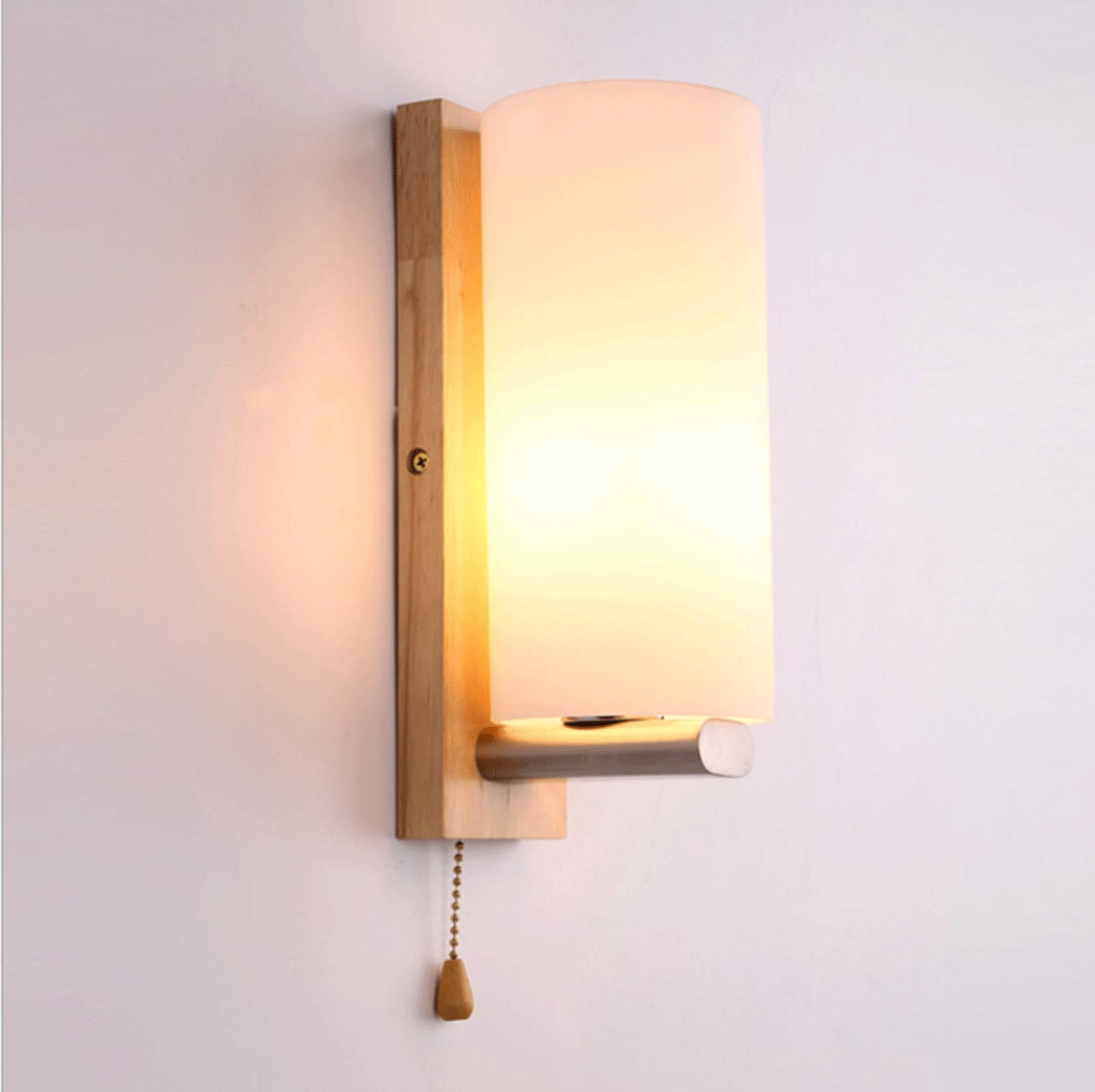 AWEITG Minimalist Wooden Wall Light Glass Lampshade - E27 LED Lamp for Living Room, Bedroom, Balcony, and More(A)