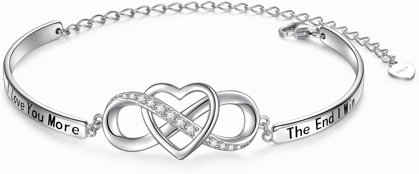 Mothers Day Gifts 925 Sterling Silver Infinity Love Heart Bracelet With Inspirational Message for Mother Daughter Sister Wife, Adjustable Length Bangle Bracelets Friendship Jewelry for Women Girls