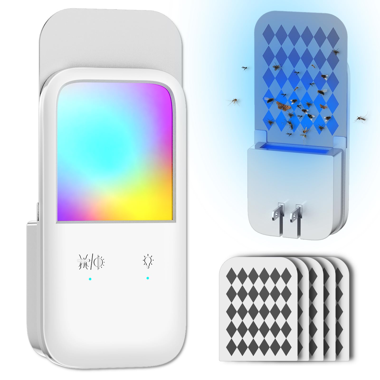 Plug-in Pułapka na muchy i lampka nocna, łapacz owadów do wnętrz, na komary, gonaty, muchy owocowe z lampką nocną RGB do domu, kuchni, biura (biały, 1 urządzenie z 5 samoprzylepnymi podkładkami