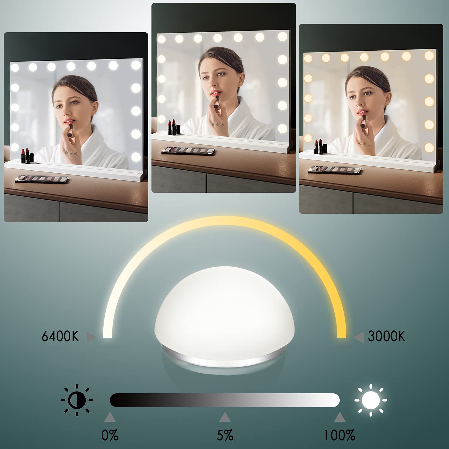 SONNI Lustro Hollywood z oświetleniem z 15 przyciemnianymi lampami LED i funkcją pamięci o temperaturze barwowej i jasności, lusterko do makijażu z oświetleniem z 3 kolorami, duże lustro stołowe