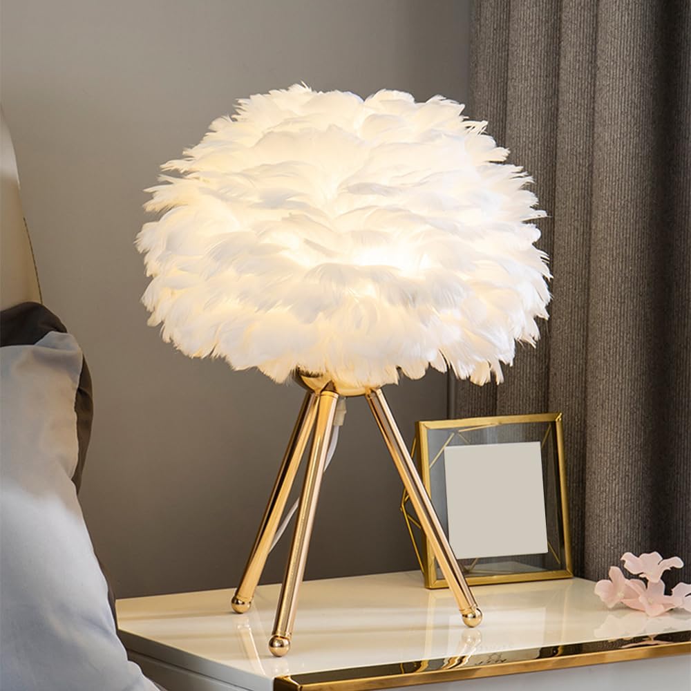 Lámpara de mesa con plumas y luz E27 de noche, para decoración de dormitorio, mesita de noche, Luz nocturna rosa, Romántica lámpara de noche hogar cabecera pantalla de escritorio Dormitorio (Blanco)