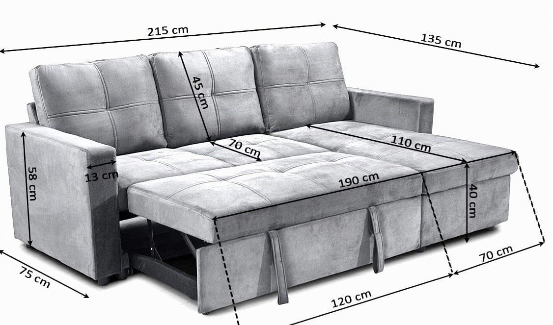 Sofá Cama Chaise Longue PAU, 215x135cm - Diseño Moderno, Almacenamiento - Color Gris Terciopelo
