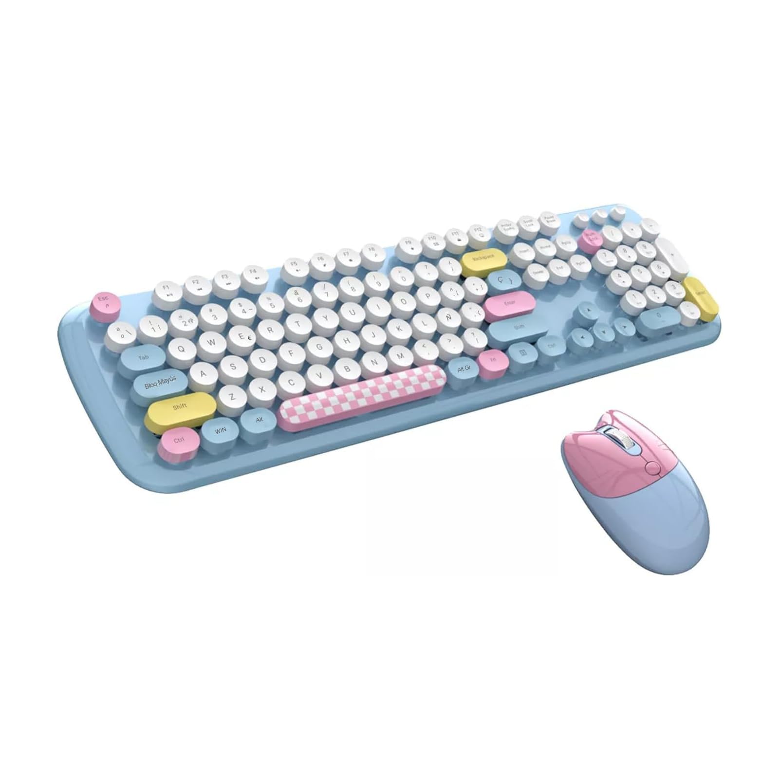 Pack de Teclado y Ratón Inalámbrico Español,Tecla Redondas Retro Vintage,Multicolores-Azul