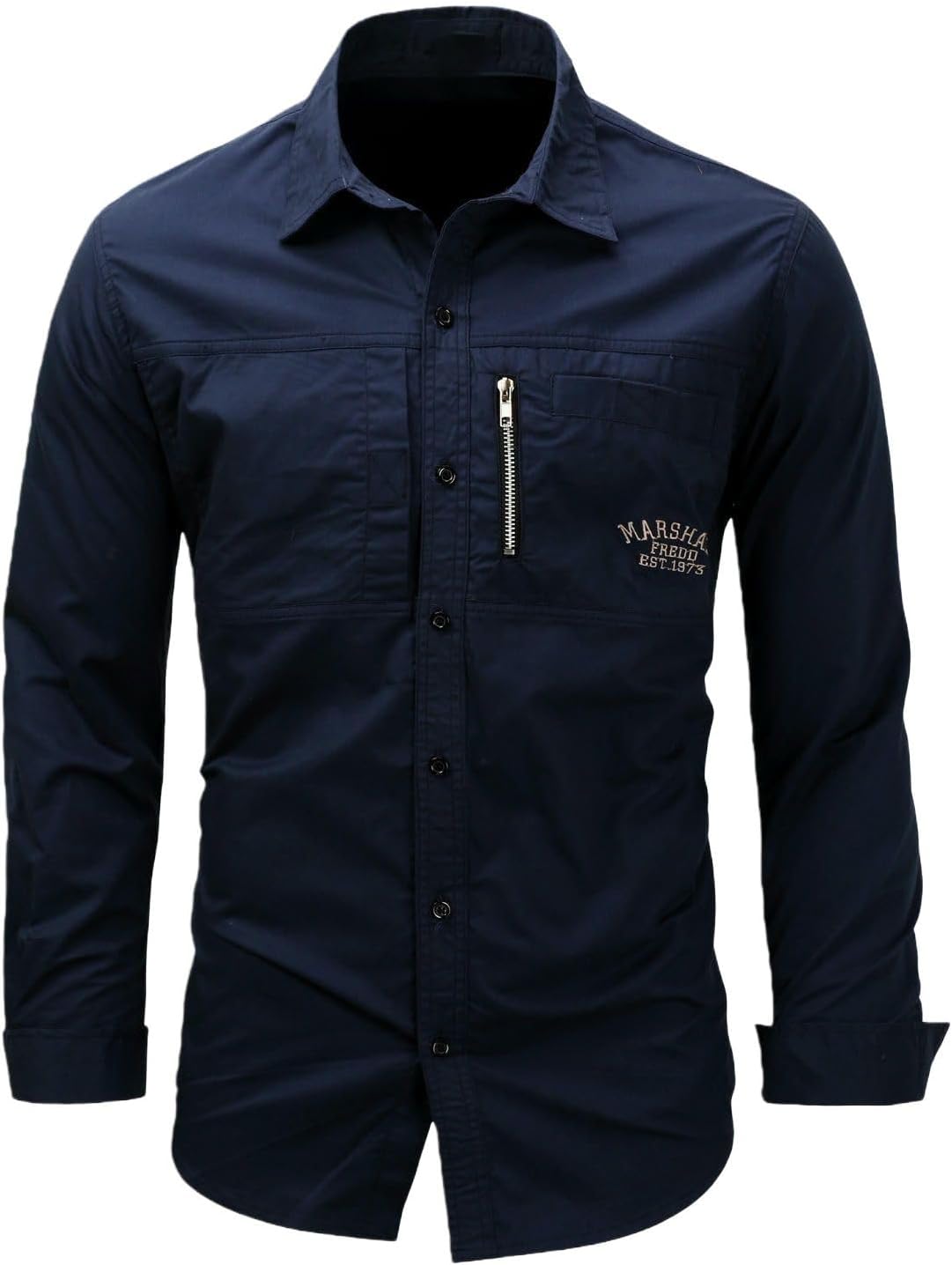 Men’s European-Style Cotton Zip-Front Military Outdoor Casual Long-Sleeve Shirt