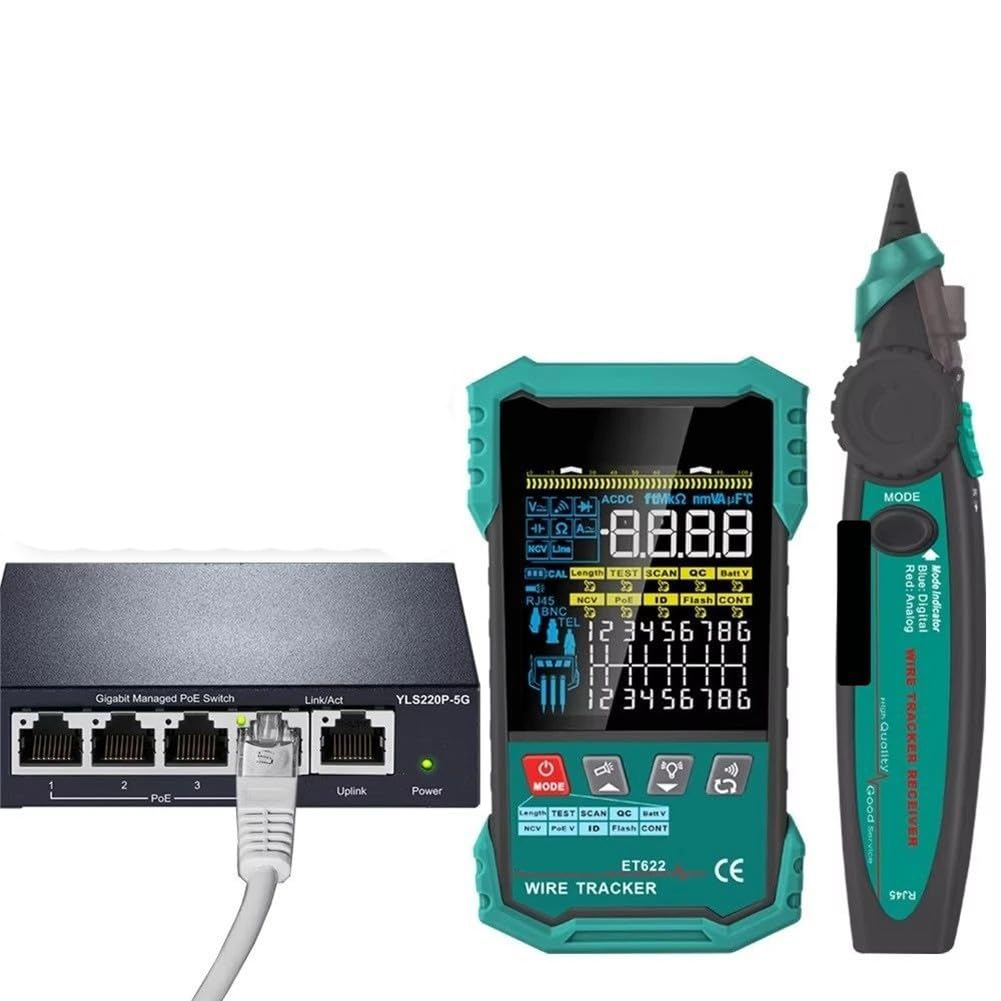 2 w 1 tester kabli sieciowych i multimetr, pomiar długości 2,5-400 m, test PoE/NCV, tester kabli RJ45/BNC z wyświetlaczem LCD, funkcją multimetru ET623, czarny/zielony