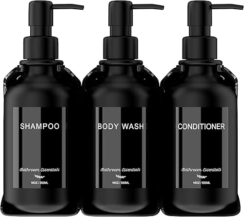 Moderno dispensador de champú y acondicionador Dispensador de jabón de ducha montado en la pared Juego de 3 botellas negras de plástico de 16