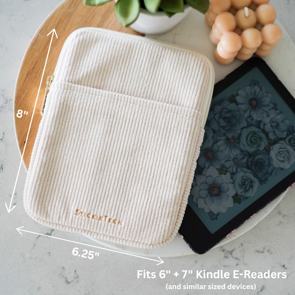 StickieTech Kindle Hülle, Cordstoff, 20,3 x 15,9 cm, 2 Taschen, kompatibel mit E-Readern von 15,2–17,8 cm, cremefarben