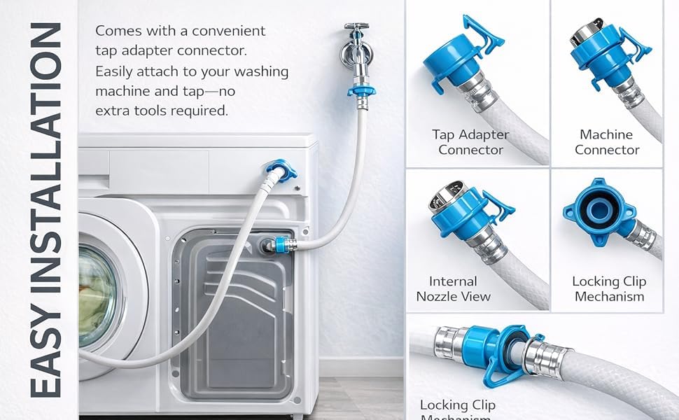 Image of LG 1.25 Meter Flexible Washing Machine Inlet Hose water pipe, with Tap adaptor Connector for Top & Front Load Fully Automatic Washing Machine (Part Code AAA77944201)