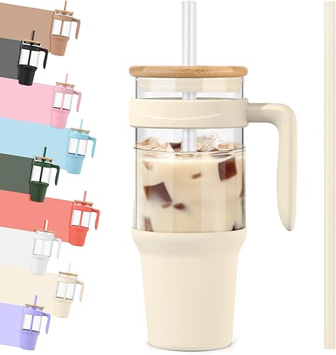 Miniatura 1 de Tronco Vaso de vidrio de 40 onzas con popote y tapa, vaso de vidrio reutilizable con asa, taza de café helado con tapa de bambú, botellas de agua de