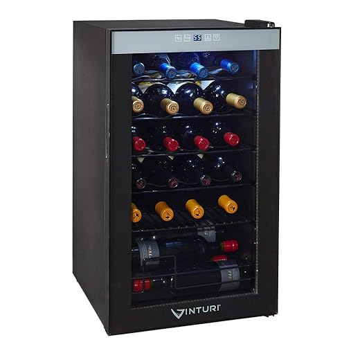 Vinturi RF24BTBK13 Wine Fridge Freestanding with Digital Display Panel Auto Defrost Compressor Interior LED Lighting Clear Glass Door up to 24 Bottles