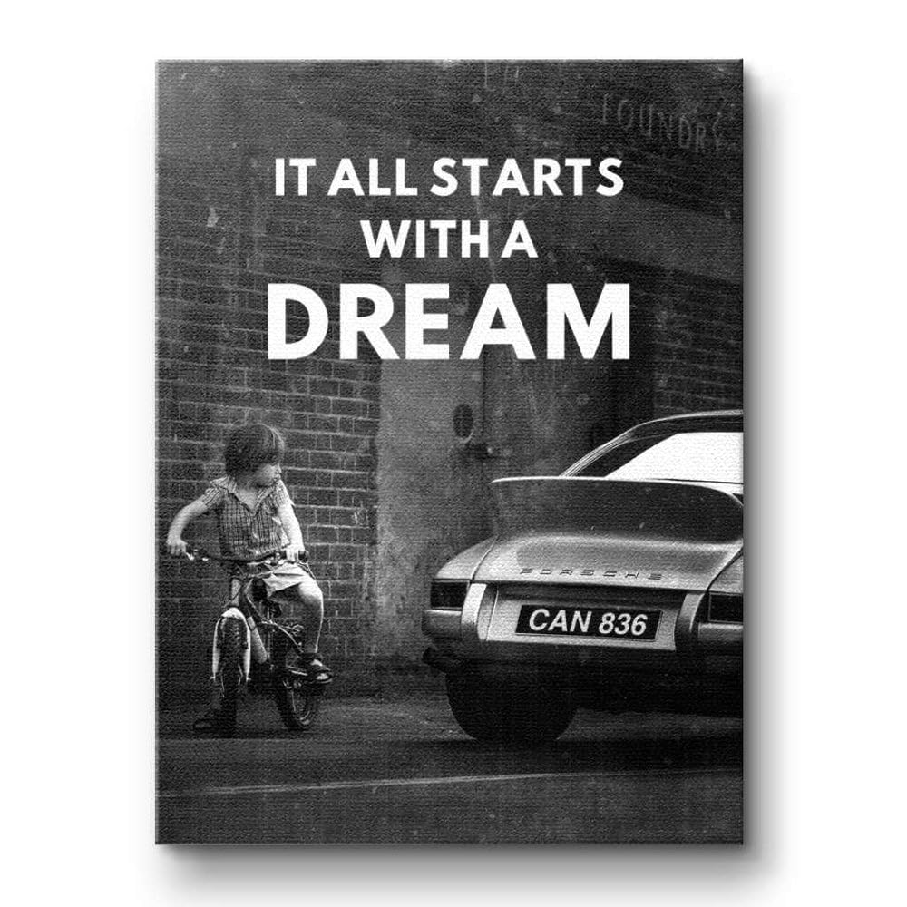 PERSONALISIERBARES Porsche Poster mit WUNSCHKENNZEICHEN | It all starts with a dream | Motivationsbilder | Porsche 911 Poster Auto Bild | Wandbild Büro Deko Office Garage Geschenk Männer Werkstatt