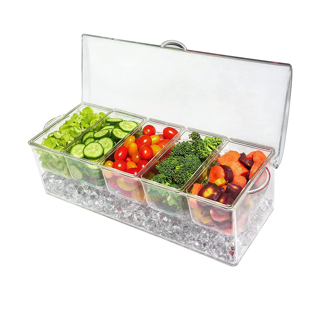 HonestShop Ice Chilled 5 Compartment Condiment Server, Plastic Storage Food Containers, Condiment Tray, Ice Party Serving Bar, Condiment Dispenser, Salad Platter, Compartment Condiment Tray With lid