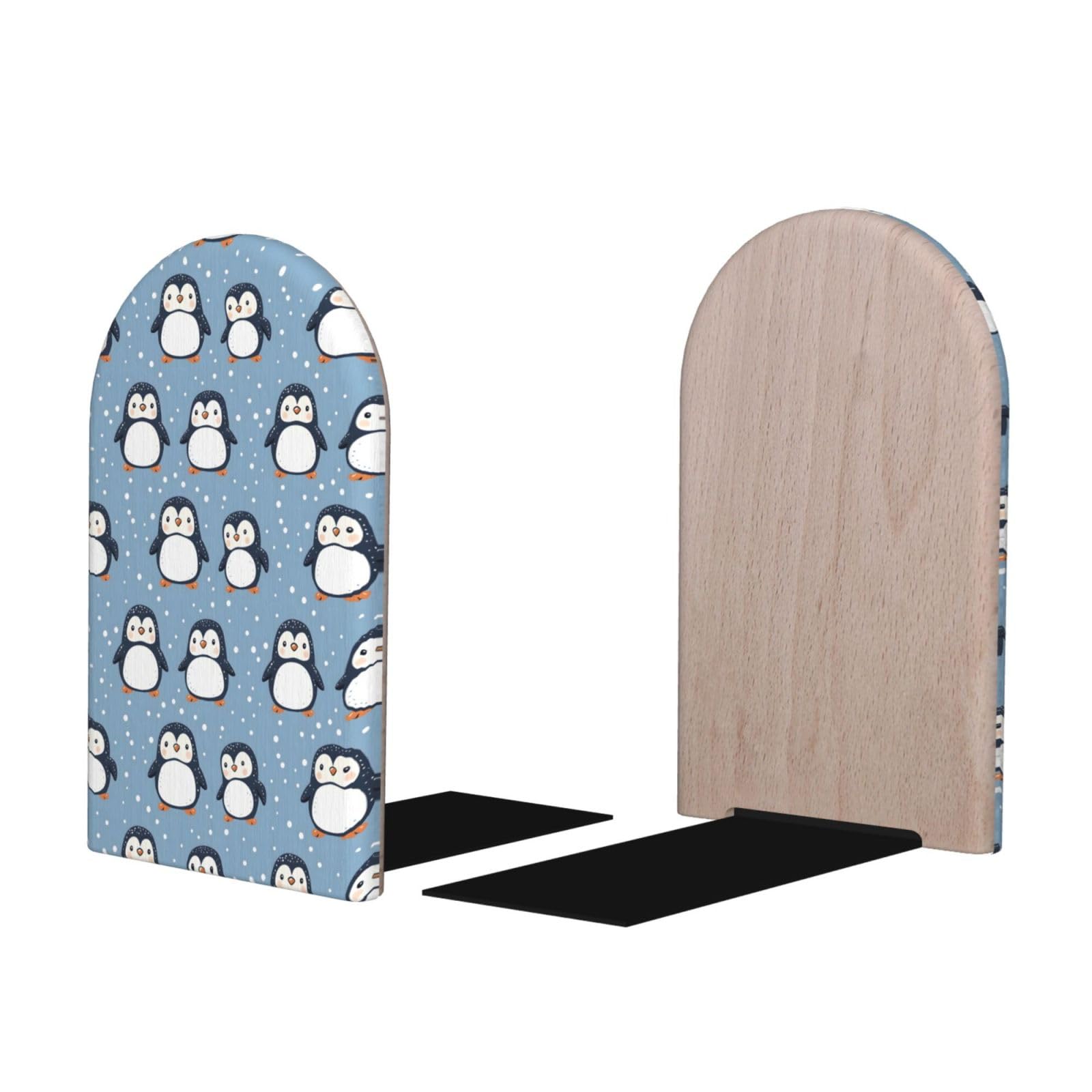 Cartoon Penguin Cute Print BookEnds 1 Pair, Decorative Bookends for Heavy Books, Wood Book Ends for Shelves, Book Organizer for Home Desk Office Supplies