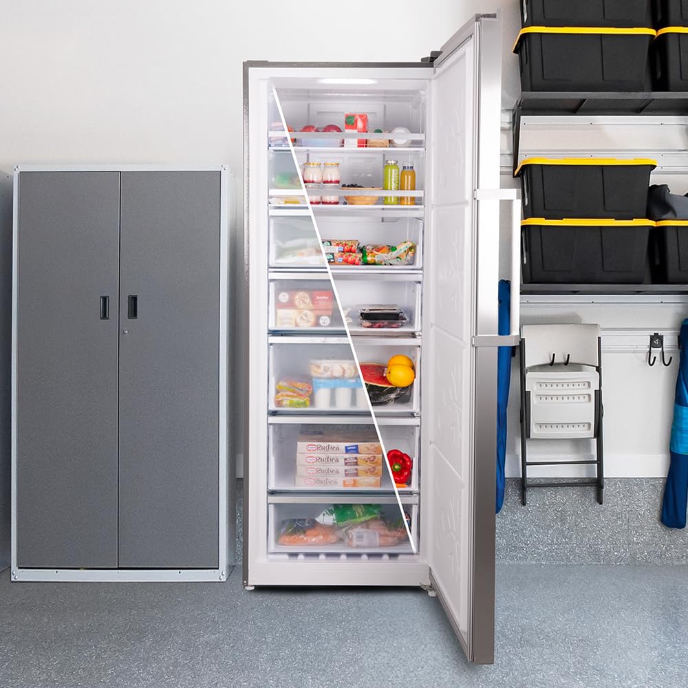 Cecotec Bolero zamrażarka pionowa CoolMarket UF 380 stal nierdzewna D. 1950 W, pojemność XL 380 l, klasa D, silnik inwerterowy plus, Total No Frost, wyświetlacz door, możliwość zmiany na lodówkę,