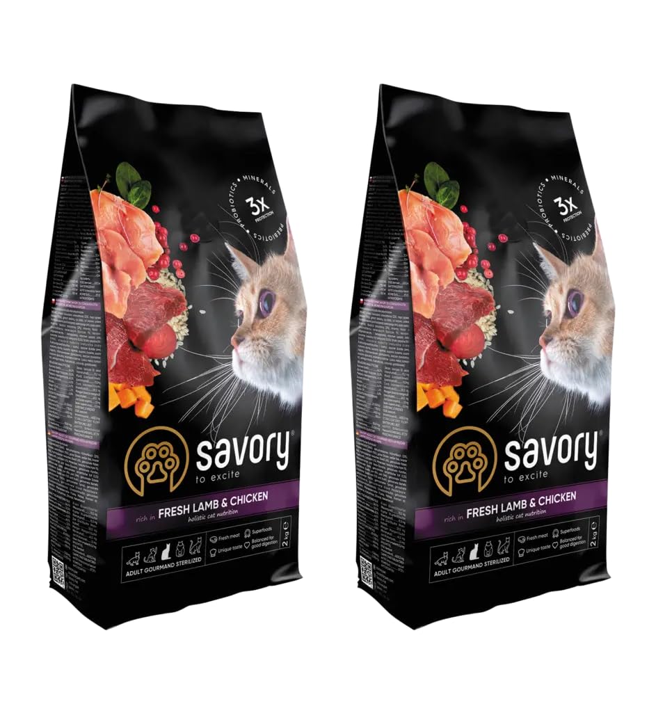 Savory - pienso seco para Gatos - para Gato Adulto esterilizado - Cordero y Pollo Frescos - a Base de Carne Fresca deshidratada, con Vit. A, D3, E - 2-Paquete (2x2 kg)