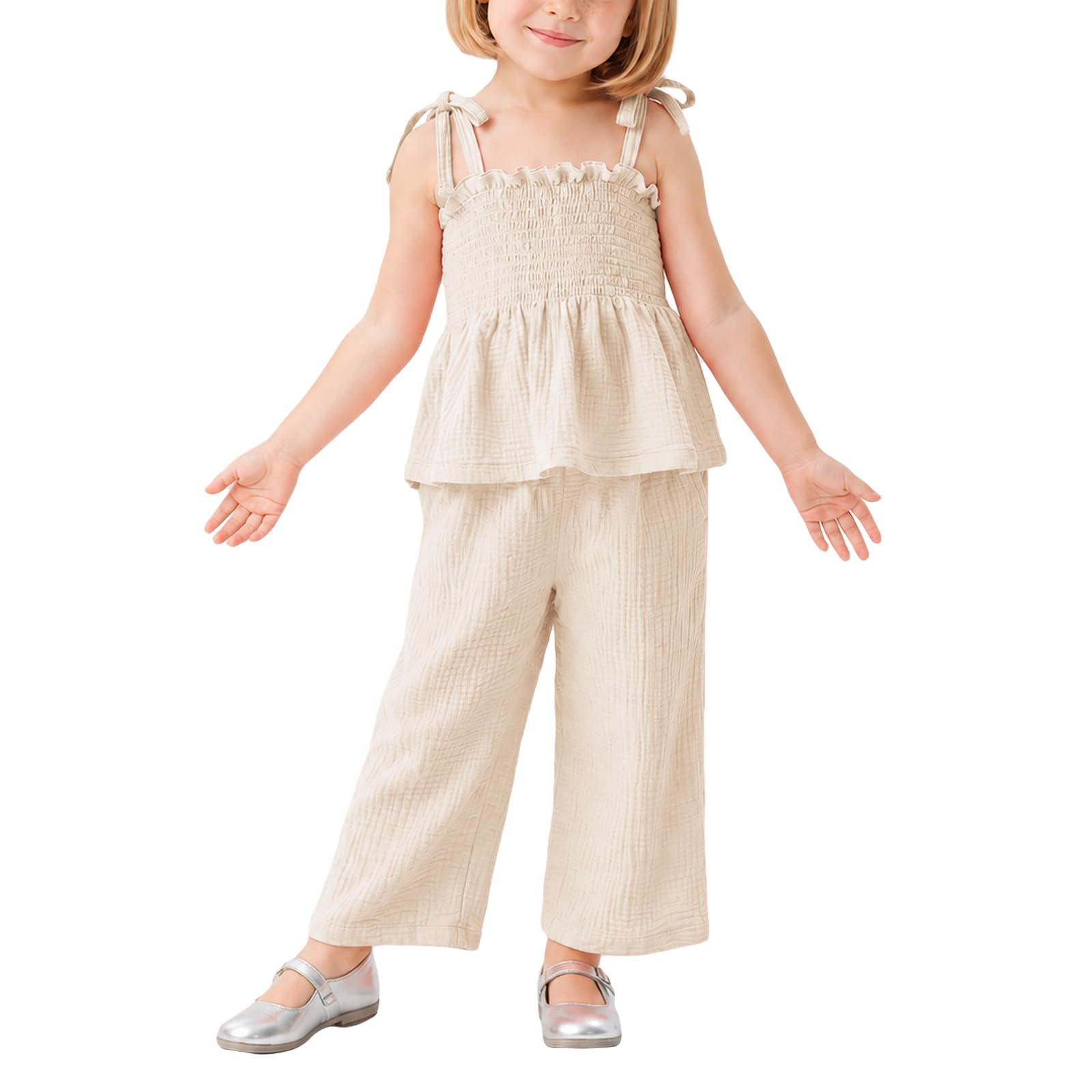 Miipat Baby Kleidung Set Mädchen Musselin Sommer Tops und Hosen Outfits | Ärmellos Musselin Suspender und Hosen Set Atmungsaktives 2tlg Babyset Sommer Einfarbig Baumwolle leinen Baby Outfit Mädchen