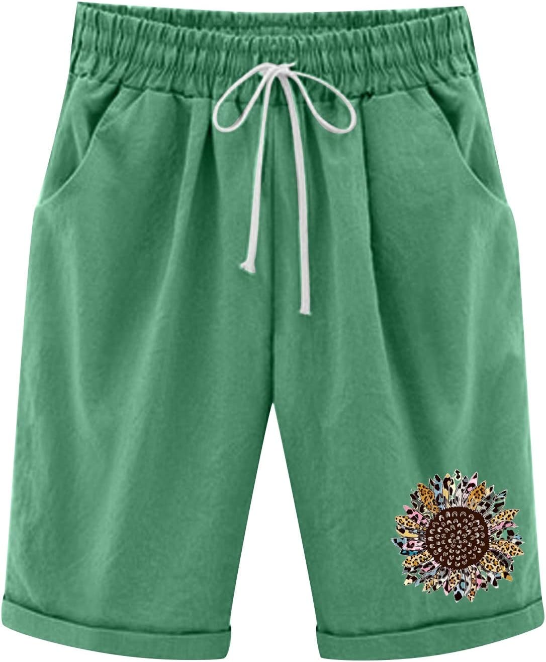 Rvidbe Bermuda Shorts for Women Knee Length High Waisted Casual Trendy Lightweight Cotton Shorts Elastic Waist Shorts Pockets