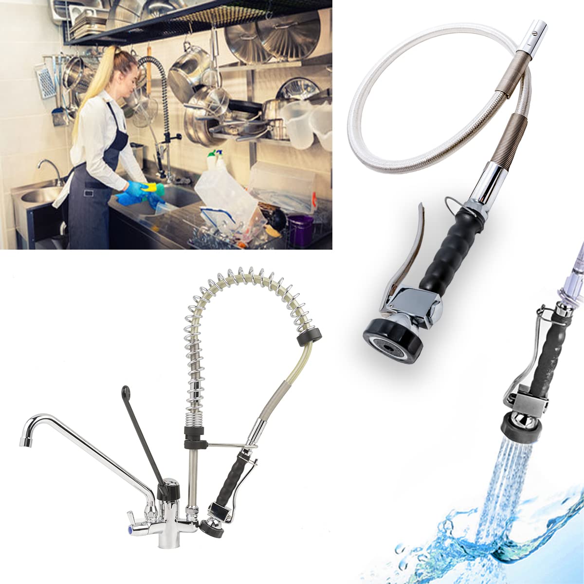 GOLDMAN SERVICE Industrial Miscelatore monocomando con leva a gomito lungo + Irrigatore spray + Beccuccio alto. Uso Ristorazione, Medico, Gerontologico
