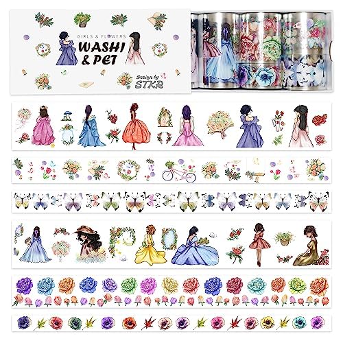 Aesthetic Washi Tape Set,6 Pet Tape Stickers for Journaling,Scrapbooking Stickers Tape