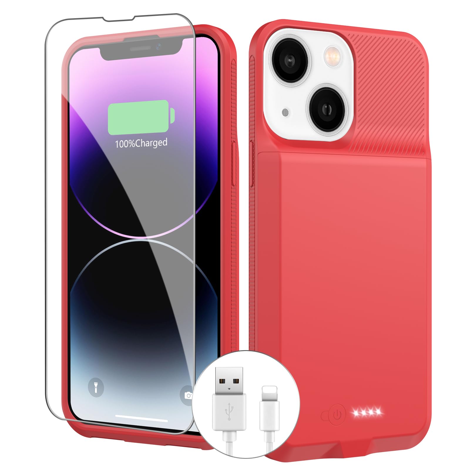 BOPPS Custodia con batteria per iPhone 13/13 Pro/14/14 Pro, custodia per caricabatterie portatile ricaricabile da 7000 mAh, rossa