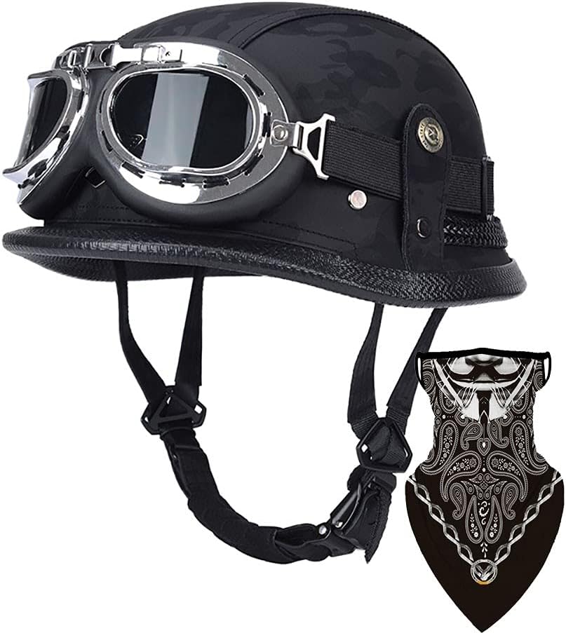 Motorcycle German Leather Half Face Helmet,100% DOT /ECE Approved Cap Half Shell Helmet+Goggles Retro Open-Face Helmet with Adjustable Quick Release Buckle for Cruiser