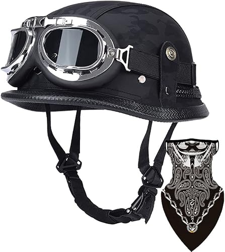 Miniatura 9 de Casco de media cara de cuero alemán para motocicleta, 100% aprobado por DOT ECE, casco de media carcasa + gafas retro con hebilla ajustable de