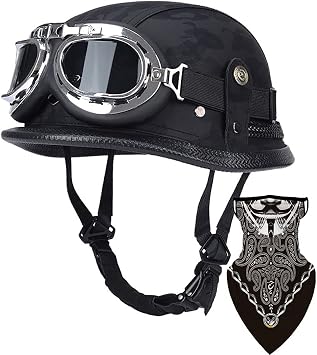 German Leather Half Face Helmet, 100% DOT/ECE Approved, Open-Face Helmet with Goggles and Adjustable Quick Release Buckle