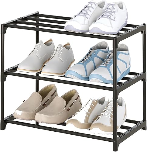 Miniatura 8 de Estante pequeño de 3 niveles para zapatos, organizador de almacenamiento de zapateras de metal apilable para niños, estante estrecho para zapatos