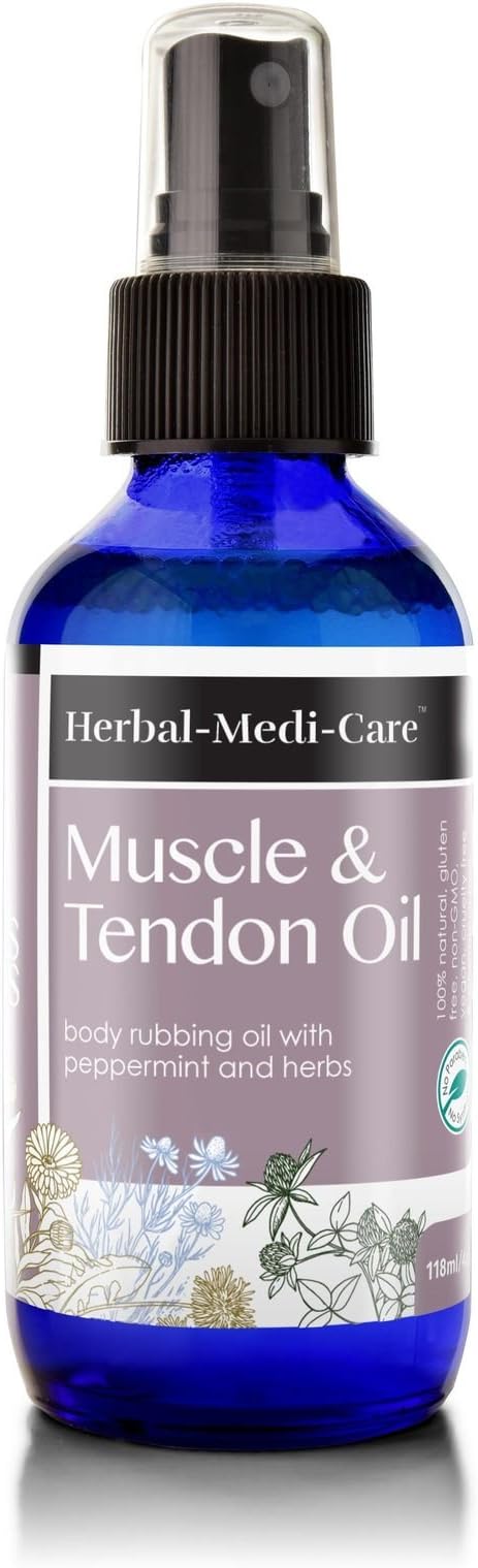 Organic Muscle & Tendon (Inflammation & Soreness) Oil by Herbal-Medi-Care (4 Fl Oz Glass Bottle) - No Toxic Synthetic Chemicals