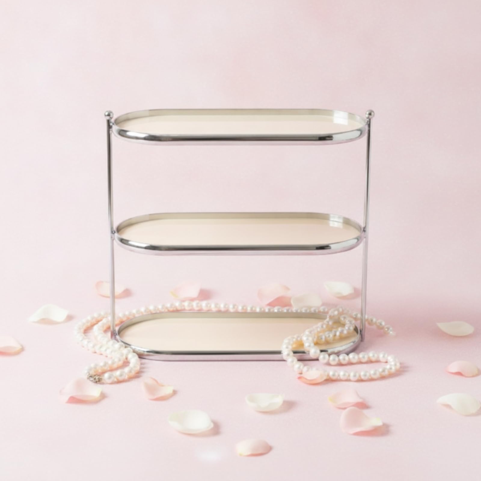 Estante de Almacenamiento de Dos Niveles Organizador de Cosméticos Joyas Maquillaje Perfumes Estantería Acrílica con Estructura Metálica Resistente, Beige, Style to 3