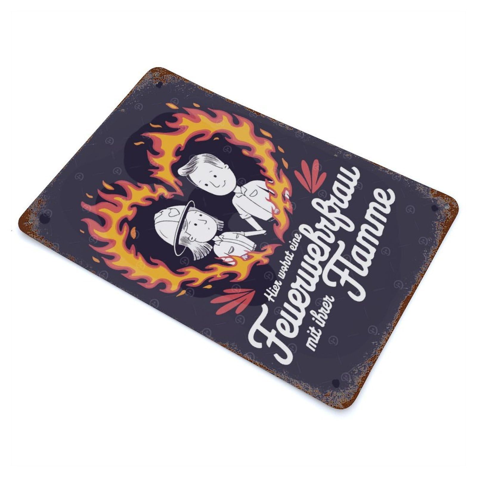 Aged Metal Wall Plaque with Firefighter Couple Illustration Design 11.8"x7.9", for Cafe, Home Bar And Lounge Decor, Novelty Wall Decor