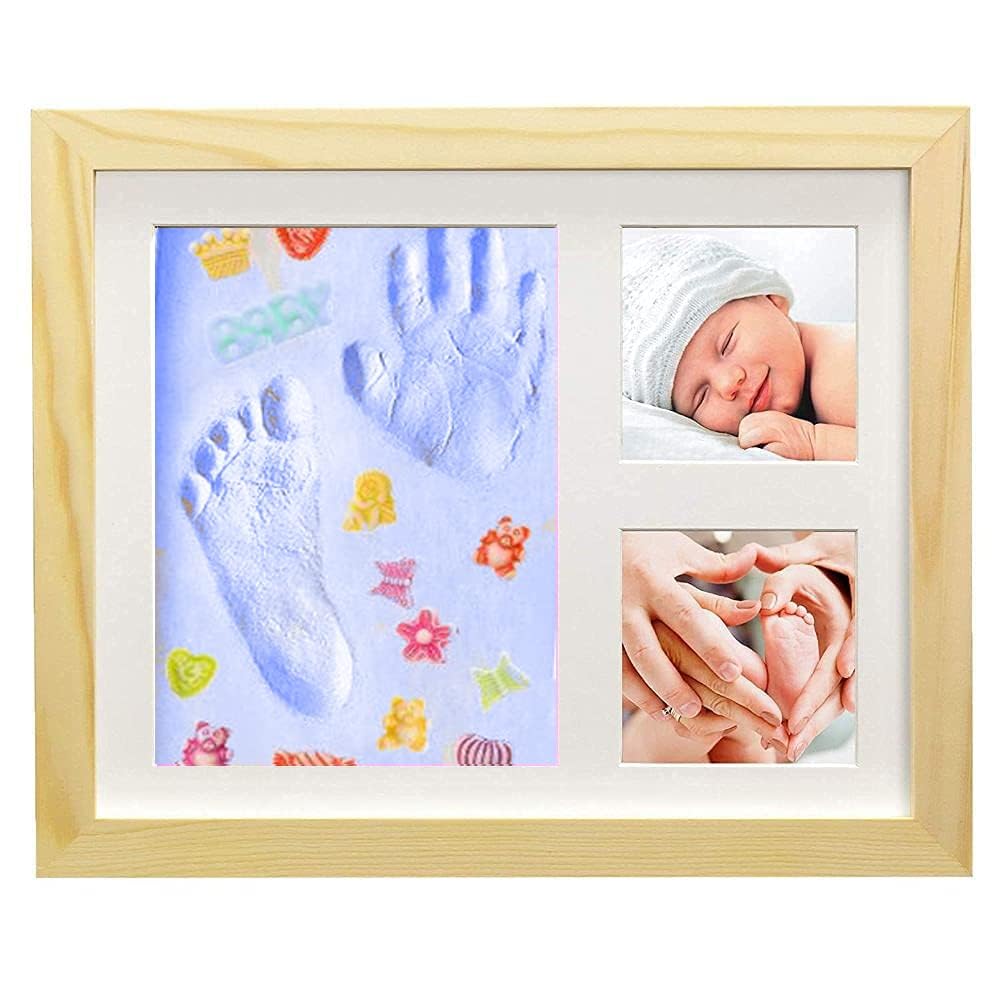 BABIES BLOOM Baby Handprint and Footprint Makers Kit Keepsake Frame for Newborn Boys & Girls Baby Girl Gifts & Baby Boy Gifts New Mom Baby Shower Gifts (Brown/Blue-Decor)