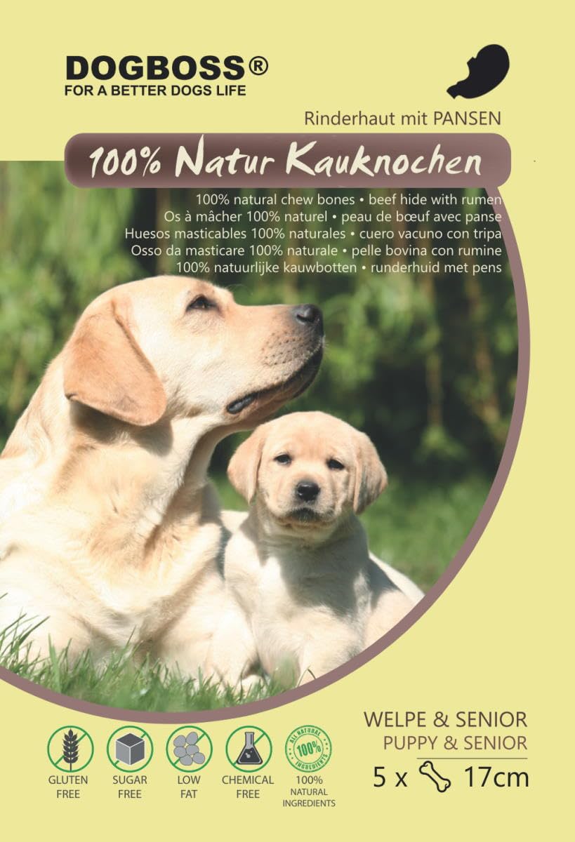 Ossa da masticare DOGBOSS a base di ingredienti naturali al 100% per i cuccioli a partire dalla 16° settimana della vita e cani anziani in varie dimensioni e gusti (5 con rumine, 17 cm)