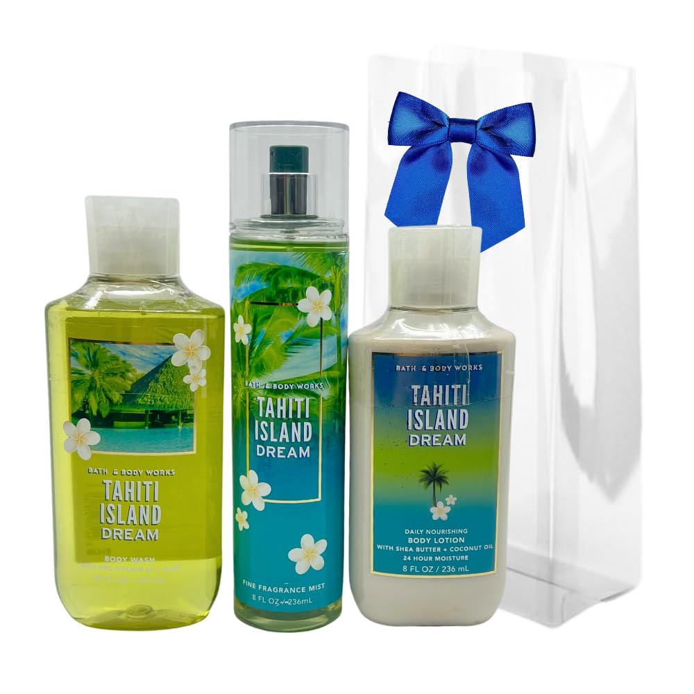 Bath & Body Works TAHITI ISLAND DREAM 3pc bundle - Mist, Body Wash, Body Lotion Gift Set with a Blue Bow for Holidays & Gifts - Full Size