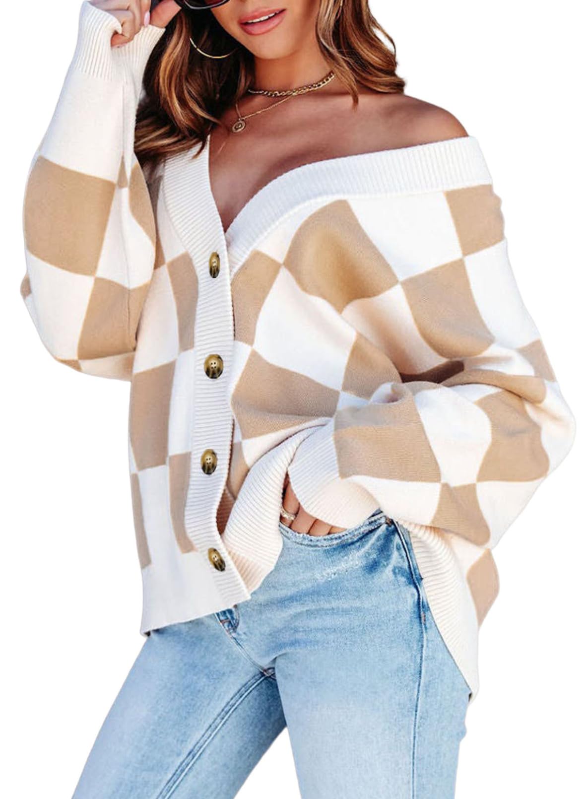 Dokotoo Womens Plaid V Neck Button Down Long Sleeve Cable Knit Oversized Cardigan Sweaters Tops