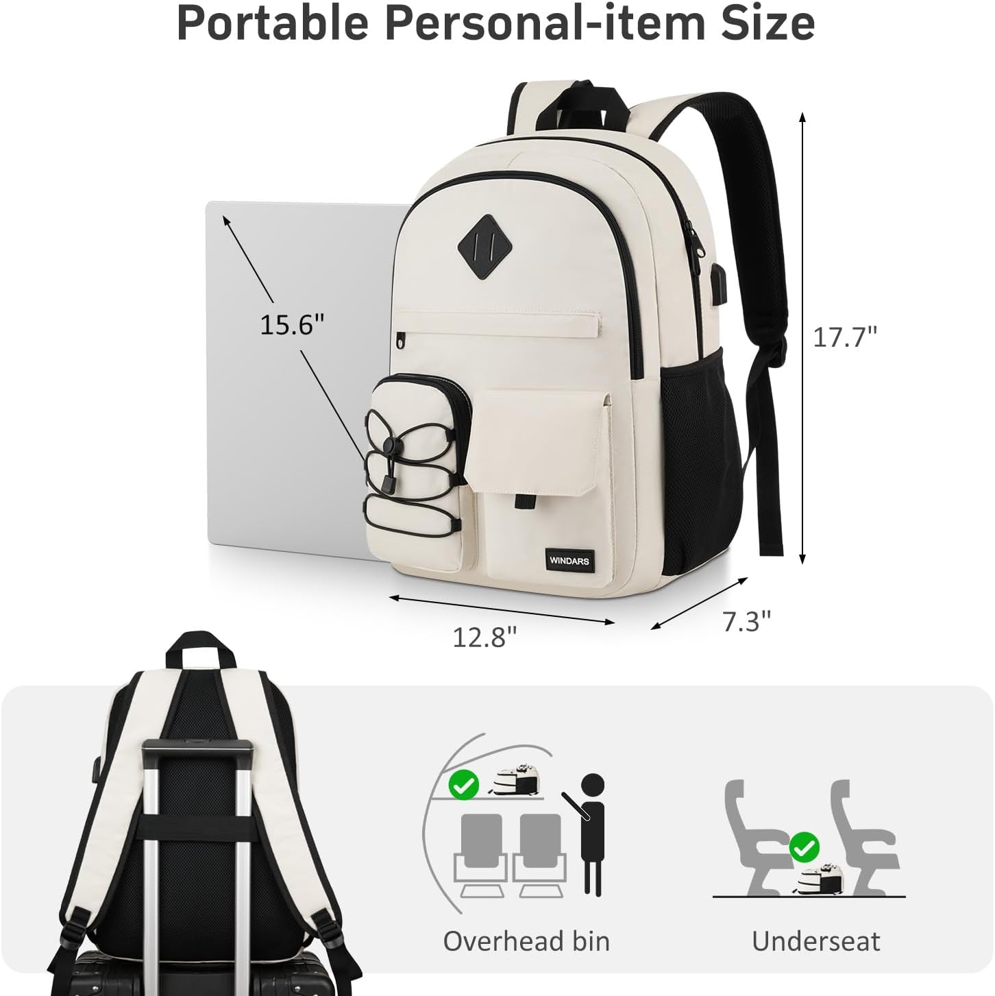 WINDARS School Backpack for Women, College Bookbag Teen Girls 15.6 Inch Laptop Bacpack Cute School Bag with USB Port for Students (Beige)